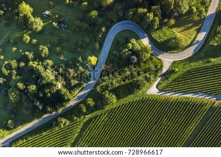 aerial shot of some road serpentines in Schnait, valley Remstal in Germany 