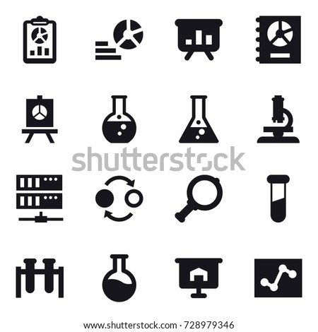 16 vector icon set : report, diagram, presentation, annual report, round flask, flask, microscope, server, quantum bond, magnifier