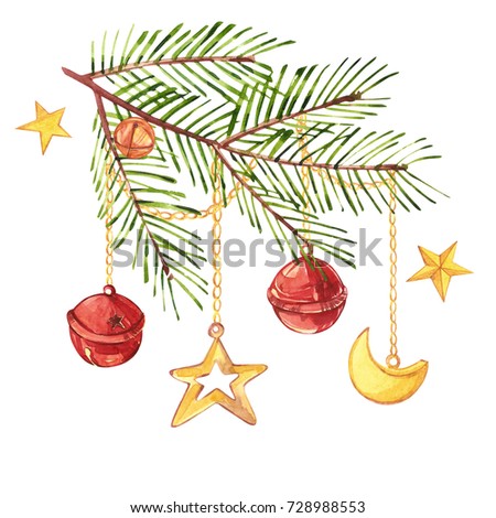 Watercolor Christmas tree branches with a crescent, a star and bells hang on gold chains. Hand painted texture with fir-needle natural elements isolated on white background.