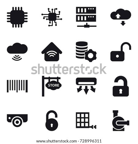 16 vector icon set : chip, server, cloude service, cloud wireless, wireless home, virtual mining, unlock, barcode, store signboard, air conditioning, unlocked, surveillance camera, water pump