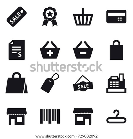 16 vector icon set : sale, medal, basket, credit card, account balance, add to basket, remove from basket, shopping bag, label, cashbox, shop, hanger