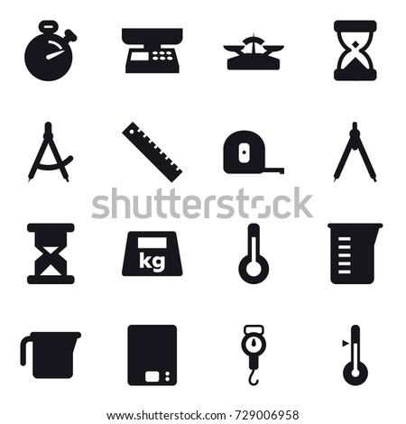 16 vector icon set : stopwatch, market scales, scales, draw compass, ruler, measuring tape, drawing compass, thermometer, measuring cup, kitchen scales, handle scales