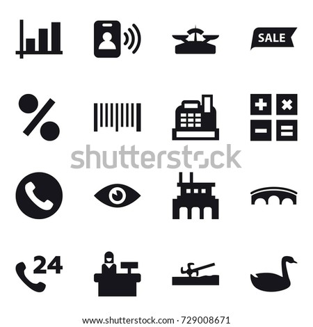 16 vector icon set : graph, pass card, scales, sale, percent, barcode, cashbox, calculator, phone, factory, bridge, reception, soil cutter, goose