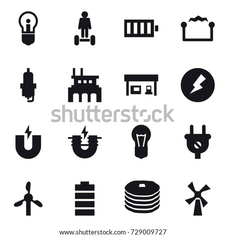16 vector icon set : bulb, hoverboard, battery, electrostatic, spark plug, factory, gas station, electricity, windmill