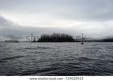 Kayaker paddling toward island with forest at Foggy Bay, Alaska, USA Royalty-Free Stock Photo #729020923