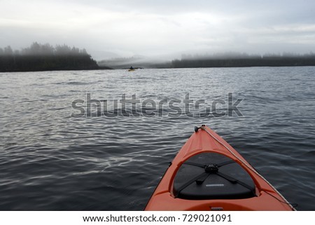Paddling a kayak through Foggy Bay, Ketchican, Alaska from a first person point of view looking over the prow at the ocean and distant misty forested shore under grey clouds Royalty-Free Stock Photo #729021091
