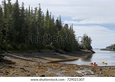 Two kayaks on the shore in Foggy Bay Alaska at low tide with a stony beach and dense pine forest under a cloudy sky Royalty-Free Stock Photo #729021307