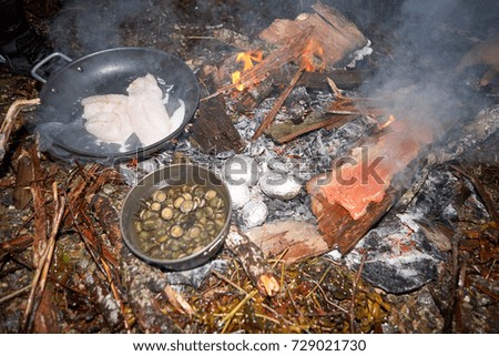 Fish, limpits, potatoes cooking at camp fire Royalty-Free Stock Photo #729021730