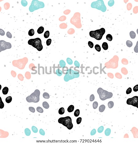 Vector illustration seamless texture composed with sketches of dog paw prints.