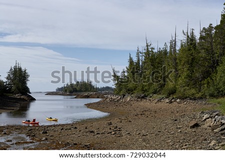 Two kayaks or canoes beached at the edge of the water in a Foggy Bay in Alaska with evergreen coniferous forests and a stony beach on an overcast day Royalty-Free Stock Photo #729032044