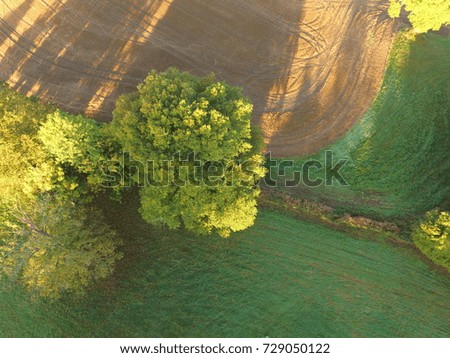 Drone still image at 220ft looking down over the rural countryside of Sussex in the United Kingdom during late Summer.
