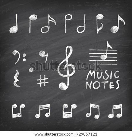 Hand Drawn chalk grunge notes and music symbols vector illustrations on a vector Chalkboard Background