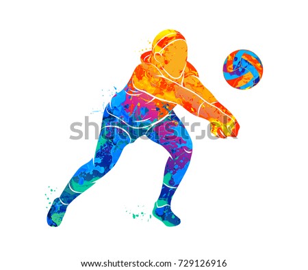 Abstract volleyball player jumping from a splash of watercolors. Vector illustration of paints.