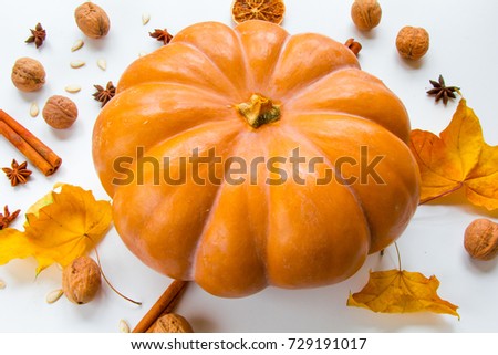 Autumn picture: whole raw pumpkin, dry maple leaves, cinnamon sticks, whole walnuts, pumpkin seeds and anise stars at white background