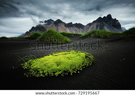 Stunning image of rippled beach black sand. Unique and gorgeous scene. Popular tourist attraction. Location famous place Stokksnes cape, Vestrahorn (Batman Mountain), Iceland, Europe. Beauty world.
