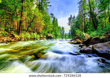 Mountain Creek flowing through green forest with the sky, in the Yosemite National Park, California