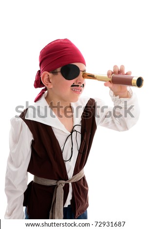 A young boy pirate looking through a monoscope in search of treasure or ships to plunder.  White background. Royalty-Free Stock Photo #72931687