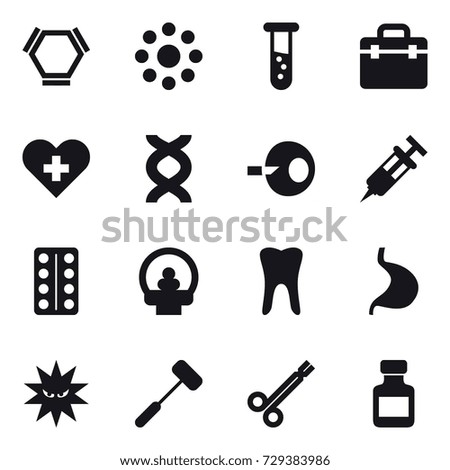 16 vector icon set : hex molecule, round around, vial, pills bottle