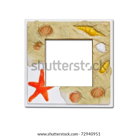 Frame of sea shell starfish and stones colored on white background