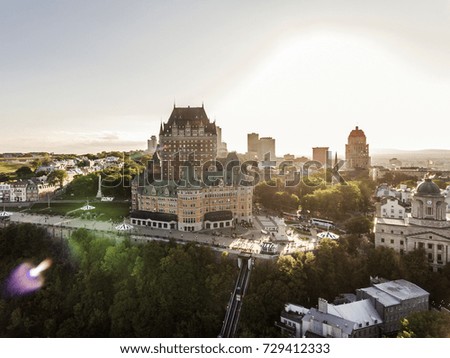 Aerial helicopter view of skyline sunset in Quebec City Canada