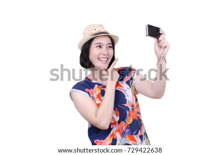 Asian woman tourist selfie over white background