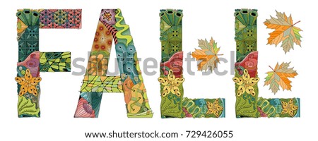 Word fall with falling leaves. Vector decorative zentangle object