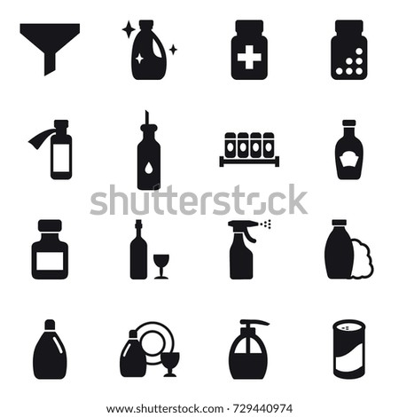 16 vector icon set : funnel, cleanser, pills bottle, wine, sprayer, shampoo, dish cleanser, liquid soap, cleanser powder