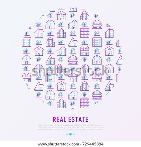 Real estate concept in circle with thin line houses and trees. Modern vector illustration for background of banner, web page, print media.