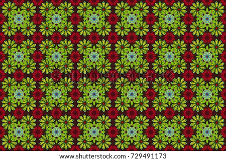 Seamless flower pattern can be used for wallpaper. Flowers on green, brown and black colors. Raster illustration.