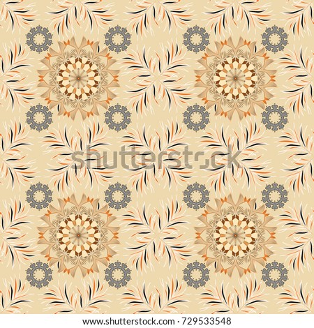 Art inspired beige, white and orange style flowers and leaves background. Doodle flowers seamless pattern. Vector pattern. Beige, white and orange hand drawn pattern.