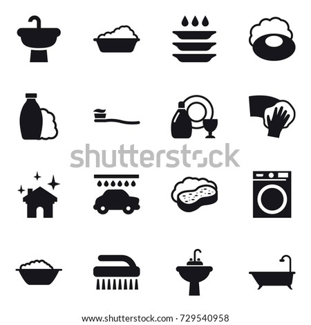 16 vector icon set : washing, plate washing, soap, shampoo, tooth brush, dish cleanser, wiping, house cleaning, car wash, sponge with foam, washing machine, foam basin, brush, water tap sink, bath