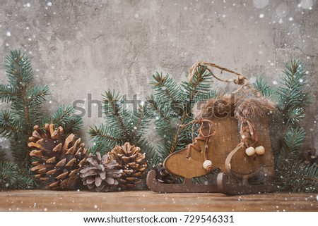 Christmas background with fir tree and concrete wall