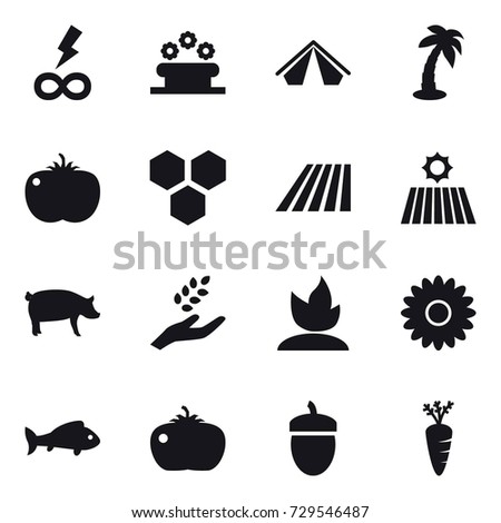 16 vector icon set : infinity power, flower bed, tent, palm, honeycombs, field, pig, harvest, sprouting, flower, fish, tomato, acorn, carrot