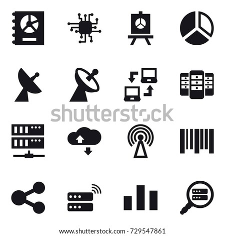 16 vector icon set : annual report, chip, presentation, diagram, satellite antenna, notebook connect, server, cloude service, antenna