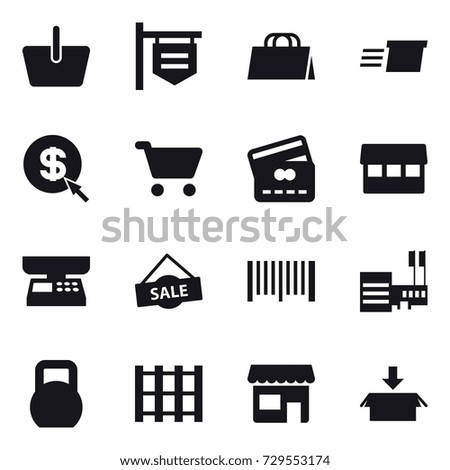 16 vector icon set : basket, shop signboard, shopping bag, delivery, dollar arrow, cart, credit card, market, market scales, sale, barcode, mall, shop, package