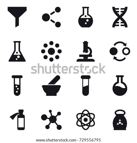 16 vector icon set : funnel, molecule, round flask, dna, flask, round around, microscope, quantum bond, vial, fertilizer Royalty-Free Stock Photo #729556795