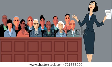 Female attorney address the jury at a trial, EPS 8 vector illustration Royalty-Free Stock Photo #729558202