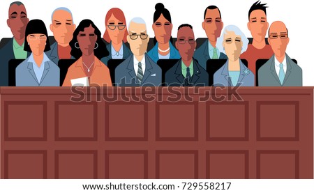 Twelve jurors sit in a jury box at a court trial, EPS 8 vector illustration Royalty-Free Stock Photo #729558217