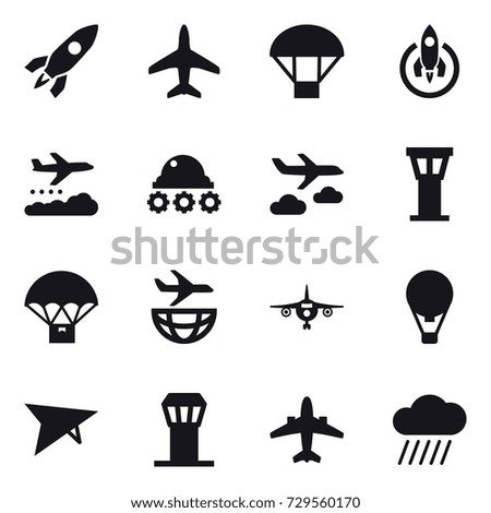 16 vector icon set : rocket, plane, parachute, weather management, lunar rover, journey, airport tower, air ballon, deltaplane, airplane, rain cloud