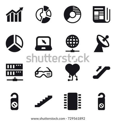16 vector icon set : diagram, circle diagram, newspaper, notebook, globe connect, satellite antenna, server, smart glasses, cardio chip, escalator, do not distrub, stairs
