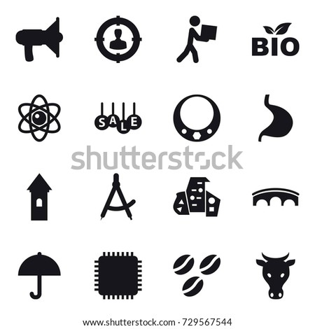 16 vector icon set : loudspeaker, target audience, courier, bio, atom, sale, necklace, tower, draw compass, modern architecture, bridge, coffee seeds, cow