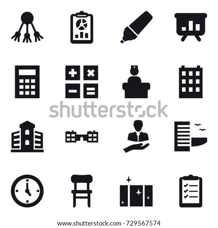16 vector icon set : share, report, marker, presentation, calculator, building, school, hotel, watch, chair, clean  window, clipboard list