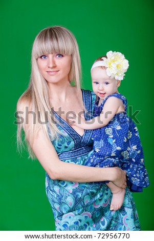 beautiful blonde mother embracing her little daughter