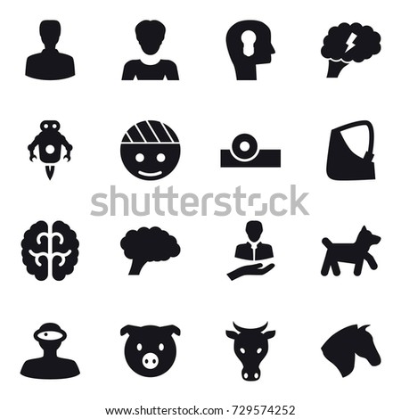 16 vector icon set : man, woman, bulb head, brain, jet robot, dog, pig, cow, horse