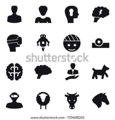 16 vector icon set : man, woman, bulb head, brain, virtual mask, jet robot, dog, sheep, cow, horse