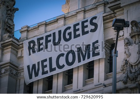 Refugees welcome banner in Madrid, Spain