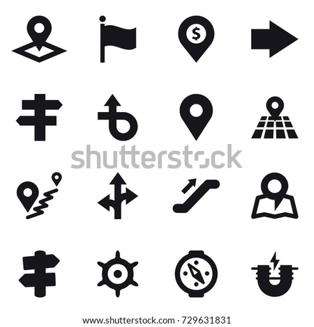 16 vector icon set : pointer, flag, dollar pin, right arrow, singlepost, escalator, map, signpost, handwheel, compass