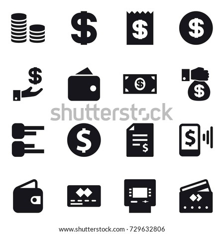 16 vector icon set : coin stack, dollar, receipt, investment, wallet, money, money gift, diagram, dollar coin, account balance, mobile pay, atm, credit card Royalty-Free Stock Photo #729632806