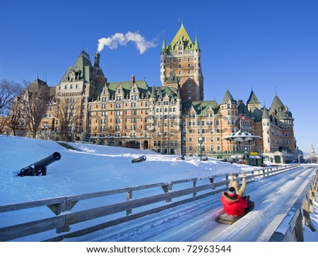 Quebec City in winter, traditional slide decent Royalty-Free Stock Photo #72963544