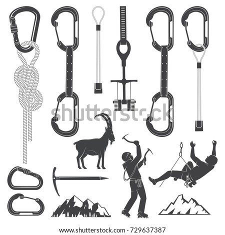 Set of Alpine Climbing Equipment silhouette icons. Set include ice axe, mountains, goat, camming devices, climbing hardware and carabiners. Equipment icons for family vacation, activity or travel.